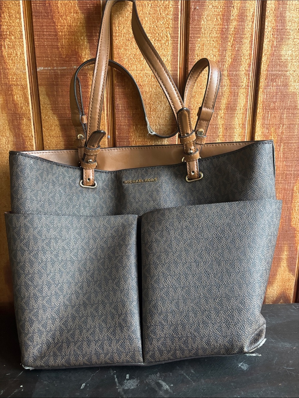 Michael Kors Brown Logo Tote with Tan Trim and Dual Front Pockets